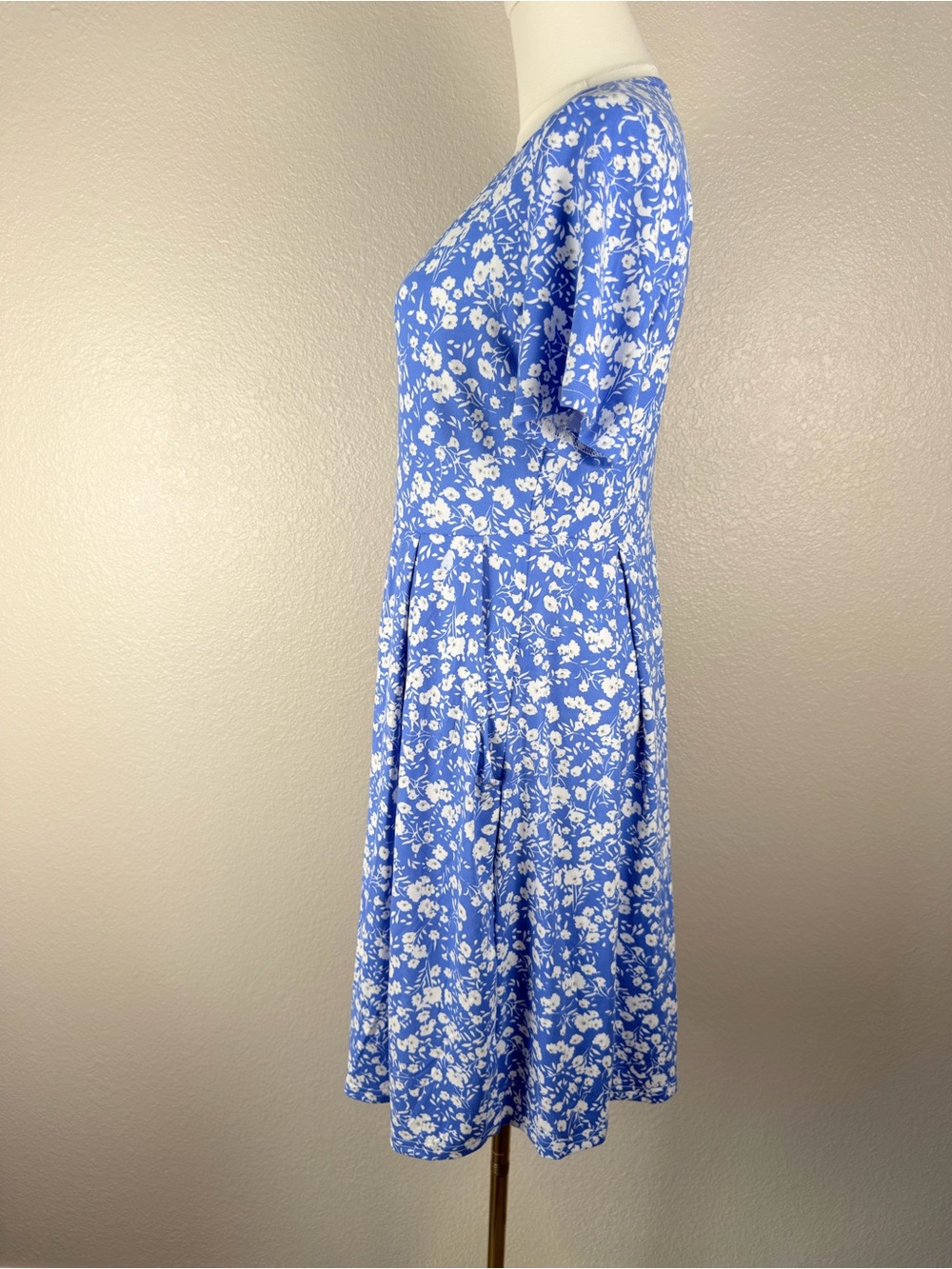 NWT Auselily Blue Floral Short Sleeve Midi Dress Pleated Skirt Pockets, Large - Picture 6 of 11